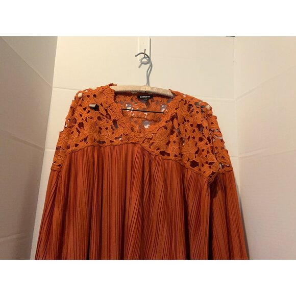 Express Blouse Small Rust Orange Crochet Lace Pleated Long Sleeve Boho Top Peasa - Picture 9 of 14